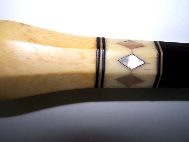 A 19th century Ebonized Walking Stick with ANTIQUE SCRIMSHAW carved Whale Ivory Knob, Baleen Spacers and Mother-of-pearl inlays. — image 3